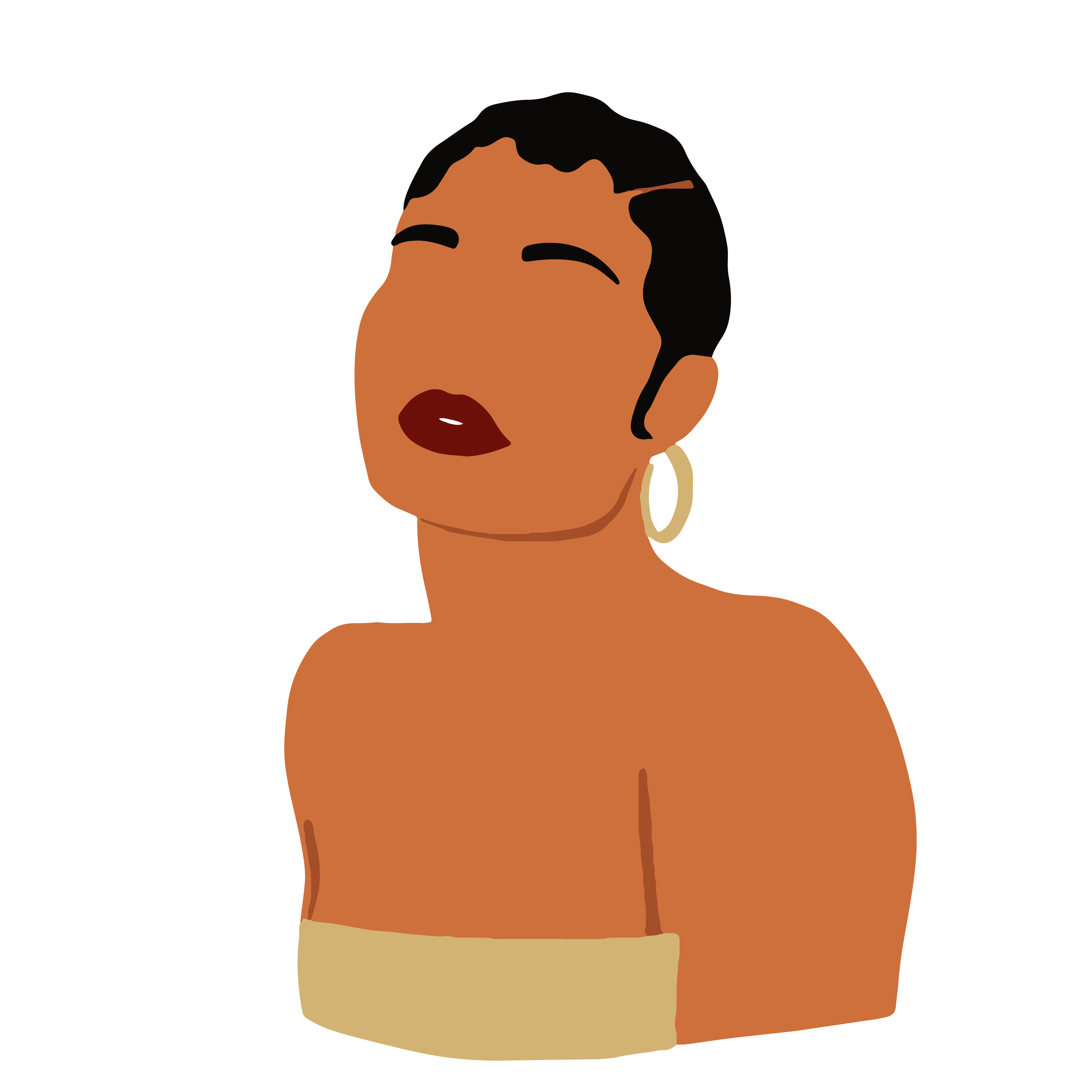 Woman with short pixie cut and hoop earrings